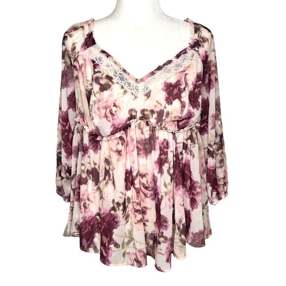 Torrid Pink Floral Lace Ruffle Baby Doll Georgette Fairycore Blouse - Picture 1 of 10